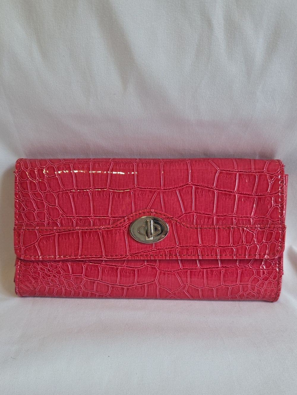 Pink Croc-Embossed Leather Clutch Wallet